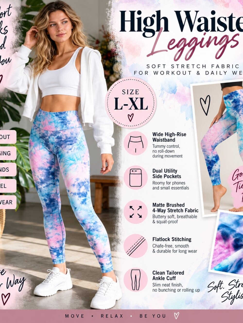 High Waisted Women's Leggings in Tie-Dye Pink & Blue - Comfort Stretch Size L-XL
